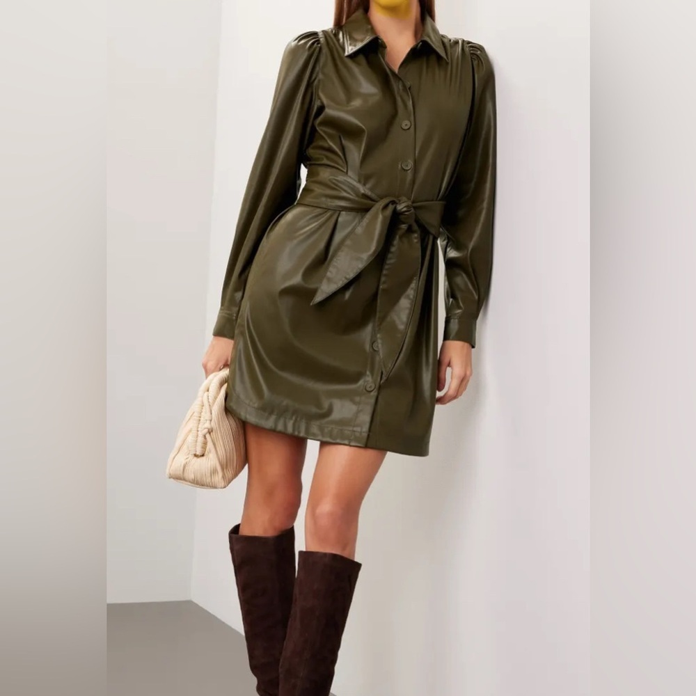 Peter Som - Leather Shirt Dress, Olive Green Faux Leather